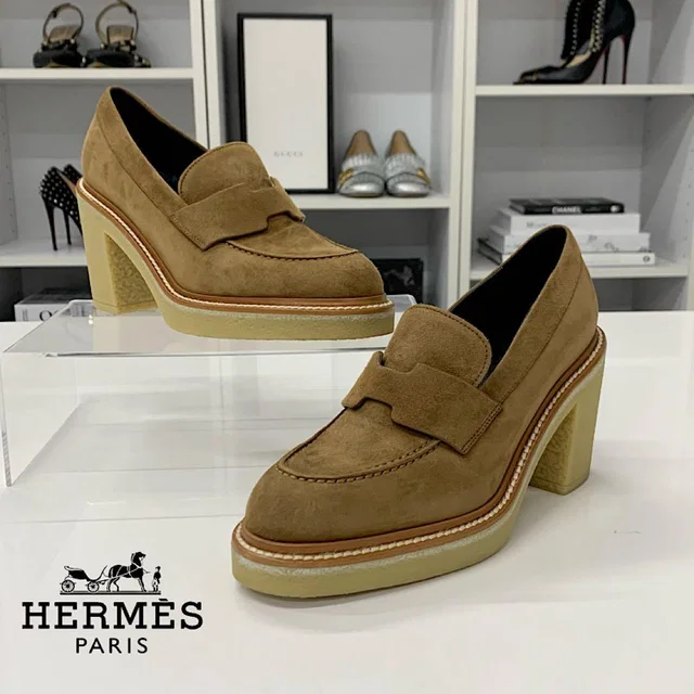 Hermès Didi Suede Heels Loafers Brown in Brown Suede from The Reluxe