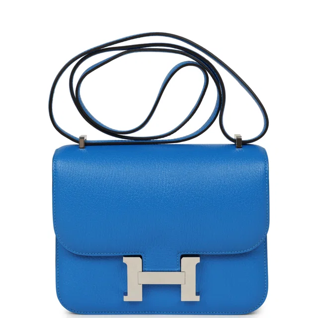 Hermès Constance 18 Bleu Hydra Chevre Mysore Palladium Hardware in Blue Goatskin from Madison Avenue Couture