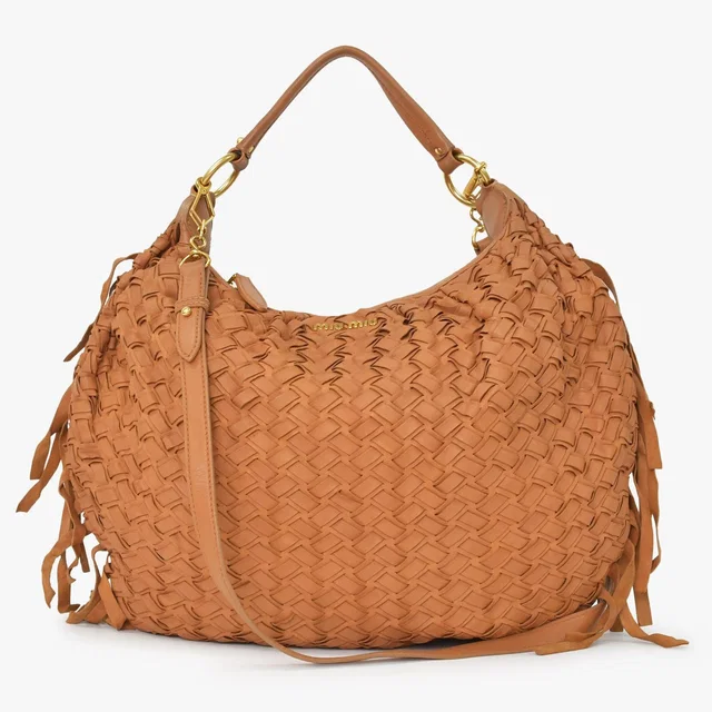 Miu Miu Intrecciato 2-Way Leather Shoulder Fringe Hobo Brown Lambskin Gold in Brown Lambskin from The Reluxe