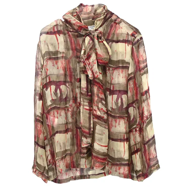 Chanel 1998 Sheer Bow Tie Blouse Shirt Khaki #38 in Green Silk from AMORE Vintage Tokyo