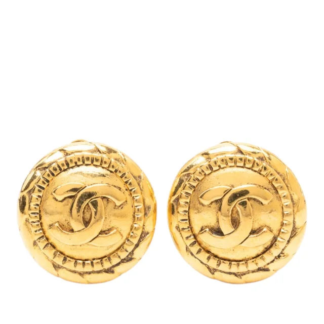 Gold Chanel CC Gold Plated Round Clip On Earrings in Gold from Designer Revival