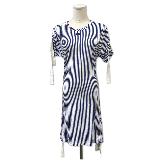 Chanel Blue Striped Tie-Sleeve T-Shirt Dress size 34 in Blue from Luxury Promise
