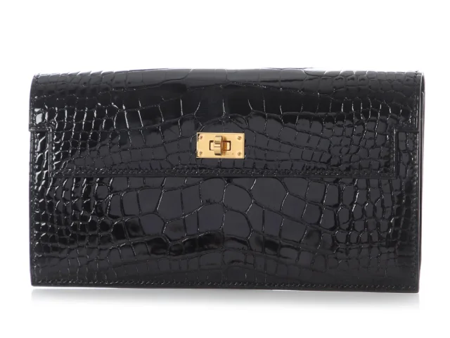 Hermès Black Shiny Alligator Kelly Pocket Long Wallet in Black Crocodile from Ann's Fabulous Finds, photo 2 of 10
