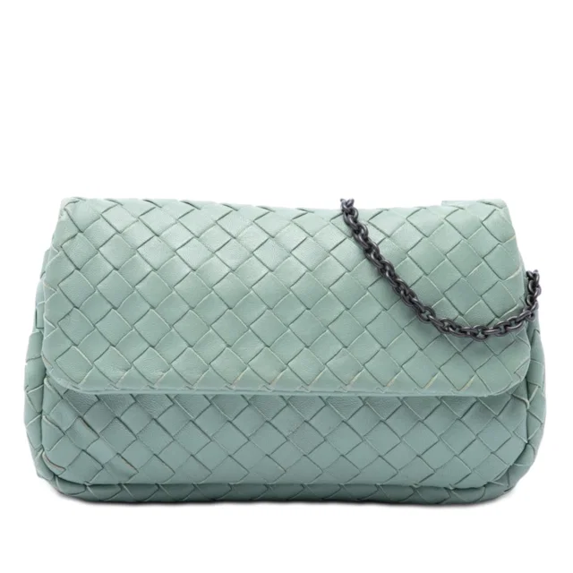 Green Bottega Veneta Mini Nappa Intrecciato Expandable Chain Flap Crossbody in Green Nappa leather from Designer Revival