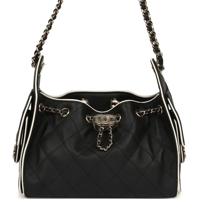 Chanel Mini 25 Hobo Bag Black and White Calfskin Light Gold Hardware in Black Calfskin from Madison Avenue Couture