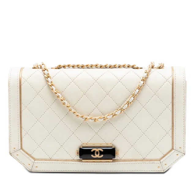 White Chanel Medium Quilted Calfskin Octagon CC Clasp Flap Crossbody Bag in White Calfskin from Designer Revival
