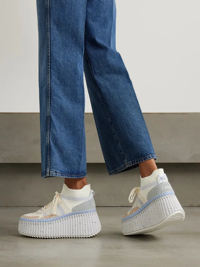 CHLOÉ Nama Leather-trimmed embroidered suede and mesh platform sneakers in White, photo 2 of 2 from NET-A-PORTER (Canada)