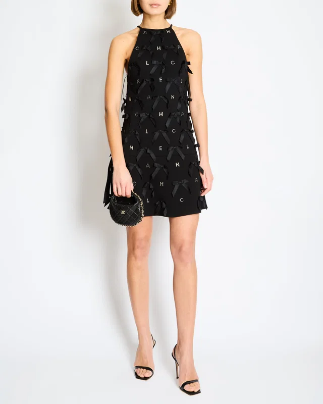 Chanel 23/S Black Mini Dress with Bow Details and Crystal Logo Embellishments Size FR 34 (UK 6) in Black Silk from Sellier