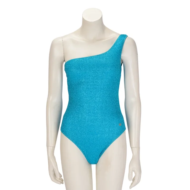 Balenciaga Lurex Jersey One Shoulder Swimsuit S in Turquoise from Blue Spinach