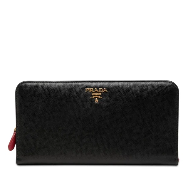 Black Prada Saffiano Zip Around Long Wallet in Black Saffiano leather from Designer Revival