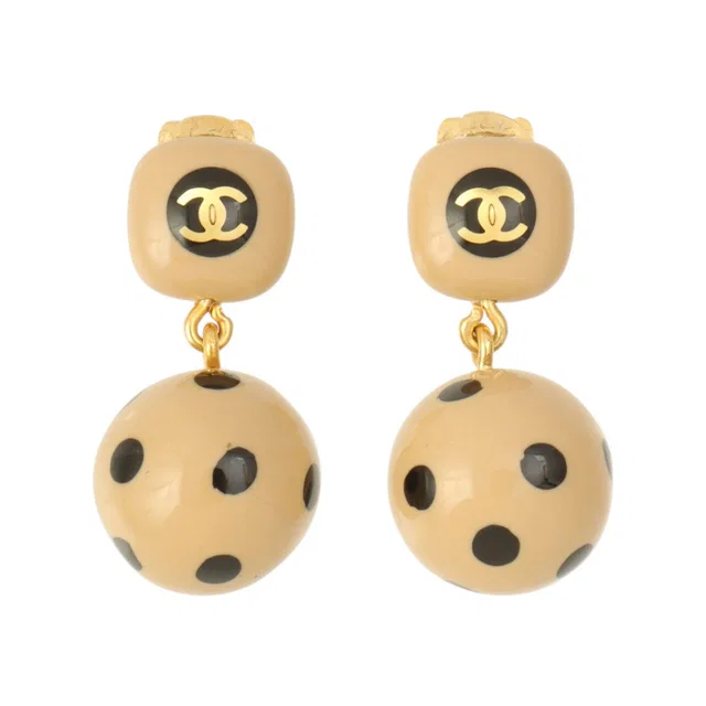 Chanel 2000 Dot CC Mark Swing Earrings Beige/Black in Black from VINTAGE QOO TOKYO