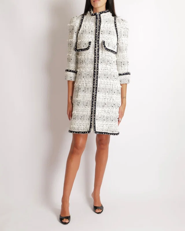 Chanel Fall 2017 White and Black Tweed Long Jacket with Black and White Pearl Embellishments and… in Black Tweed from Sellier