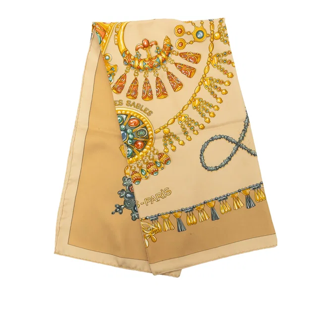 Beige Hermès Parures des Sables Silk Scarf 90 Scarves in Beige Silk from Designer Revival