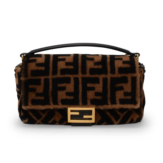 Fendi FF Shearling Baguette Bag in Tobacco & Black from Blue Spinach