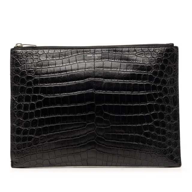 Black Saint Laurent Crocodile Embossed Leather Zipped Tablet Holder Clutch Bag in Black Crocodile from Designer Revival