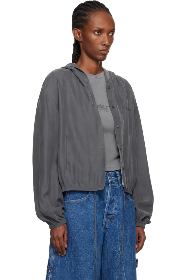 Alexander Wang Gray Cropped Silk Hoodie, photo 2 of 4 from SSENSE