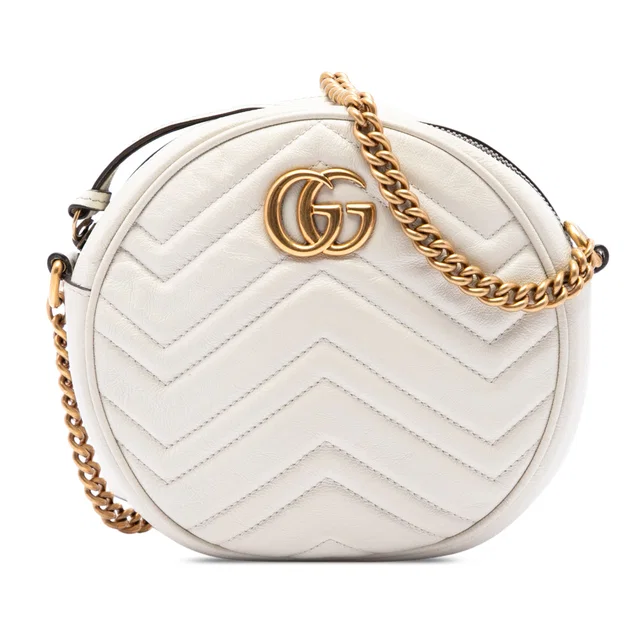 White Gucci Mini GG Marmont Matelasse Calfskin Round Crossbody in White Calfskin from Designer Revival