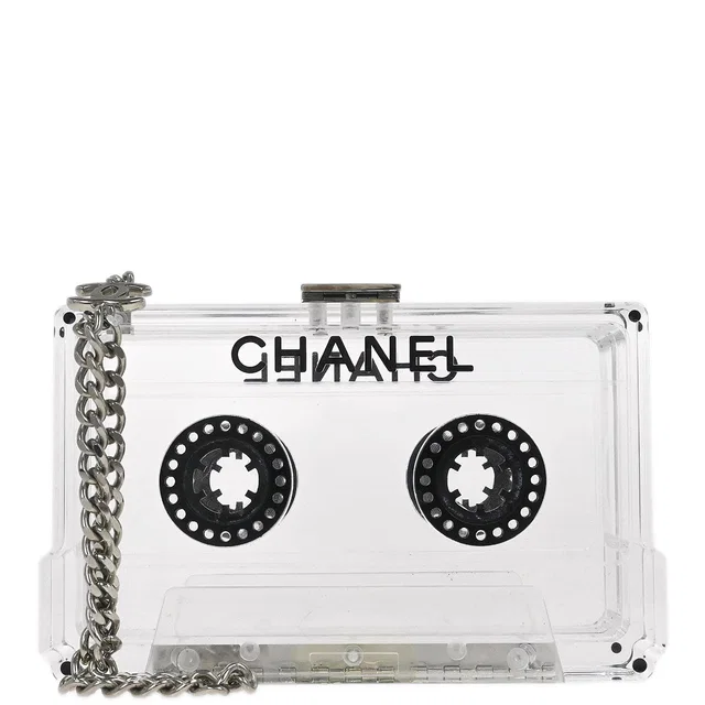 Chanel 2004 Clear Lucite Cassette Tape Minaudière Clutch Silver Hardware in Clear Resin from AMORE Vintage Tokyo