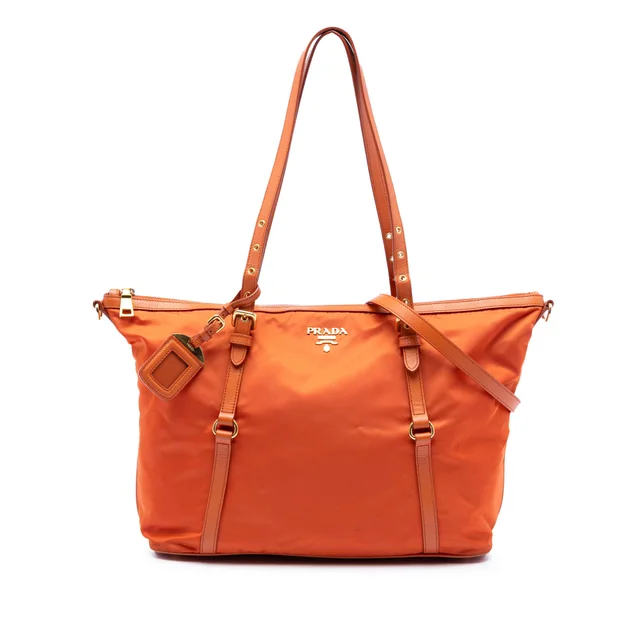 Orange Prada Saffiano Trimmed Tessuto Satchel in Orange Saffiano leather from Designer Revival