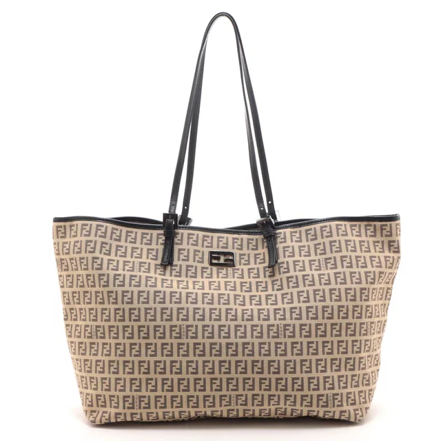 Fendi Zucchino Tote Bag Beige Black Canvas Leather in Black Canvas from The Reluxe