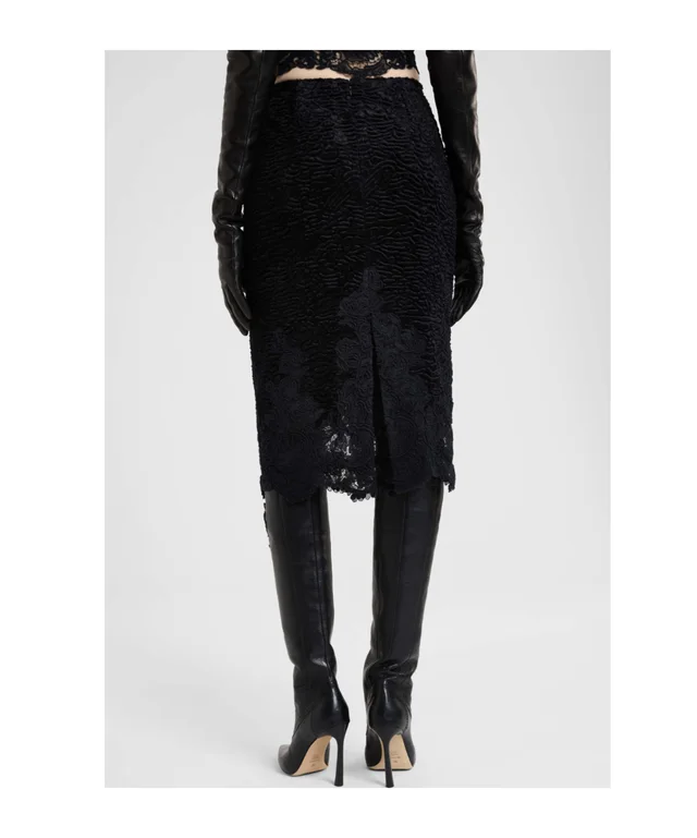 Ermanno Scervino Astrakhan-effect velvet midi pencil skirt with embroidered tulle details, photo 4 of 5 from SENSER
