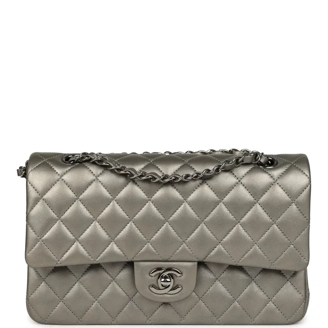 Chanel Medium Classic Double Flap Bag Dark Silver Lambskin Ruthenium Hardware in Silver Lambskin from Madison Avenue Couture