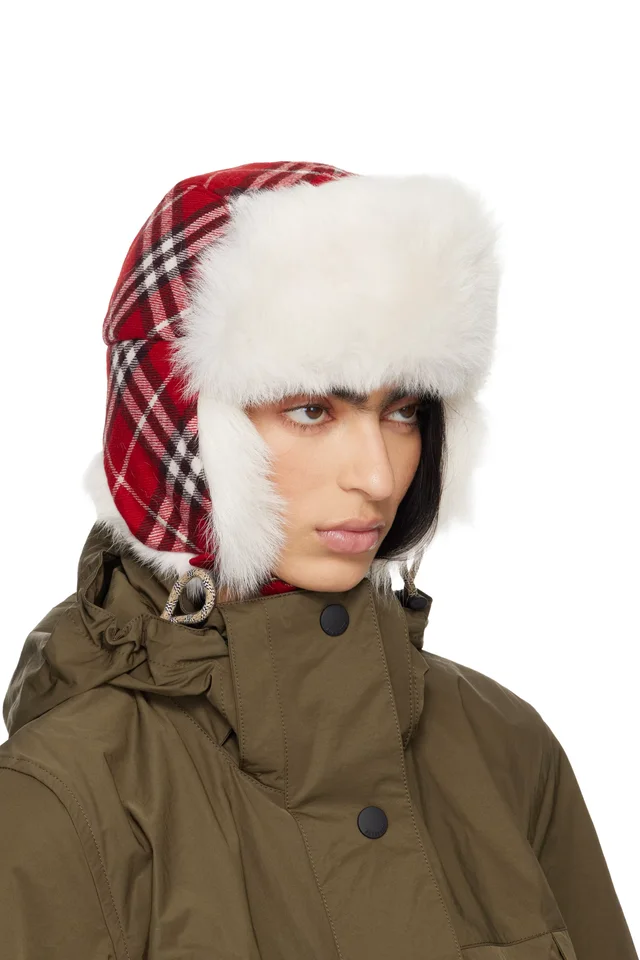 Burberry Red & Off-White Check Wool Trapper Hat, photo 2 of 2 from SSENSE