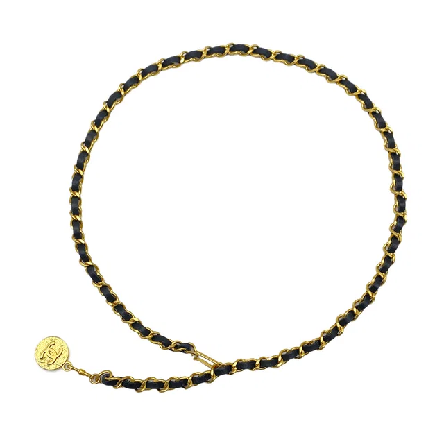 Chanel Vintage Chain Belt Cocomark Gold Black Leather Accessory 90325793 in Black Leather from Luxury Promise