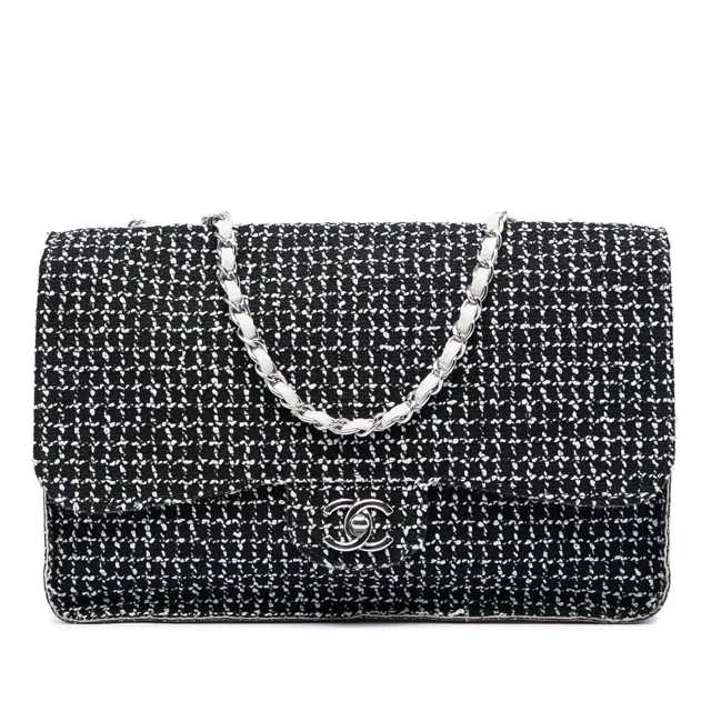 Black Chanel Jumbo Classic Tweed and Calfskin Single Flap Shoulder Bag in Black Calfskin from Designer Revival