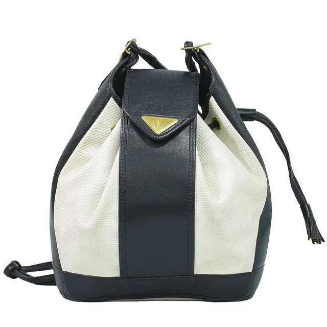 Saint Laurent Drawstring Shoulder Bag Pochette Leather White Navy in White Leather from The Reluxe