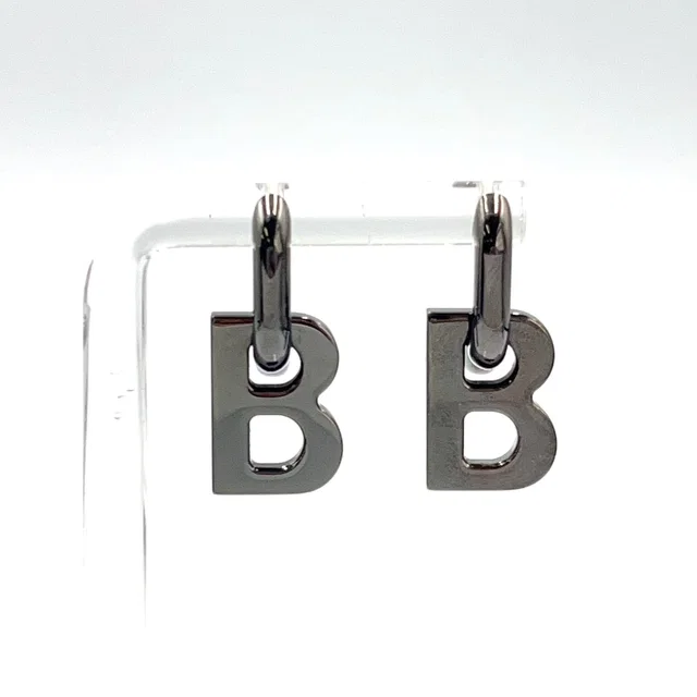 Balenciaga B Chain B Logo Hoop Drop Gunmetal Metal Silver Earrings in Silver from The Reluxe