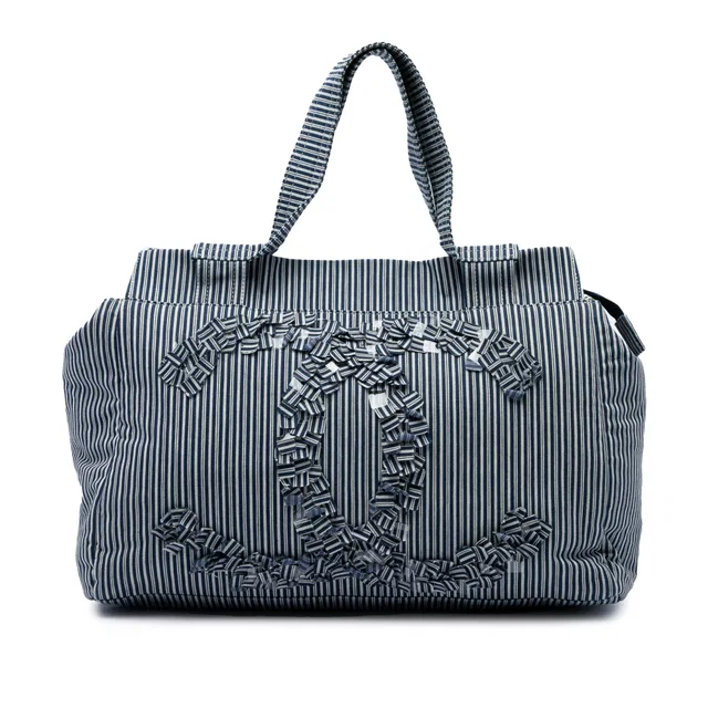 Blue Chanel CC Striped Canvas Shopper Tote in Blue Canvas from Designer Revival