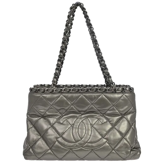 Chanel 2012 Metallic Silver Calfskin Chain Me Tote Handbag in Silver Calfskin from AMORE Vintage Tokyo