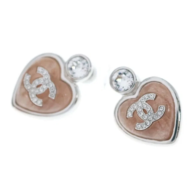 Chanel CC Logo Strass Heart Earrings Rhinestone Metal Beige Silver in Beige from The Reluxe