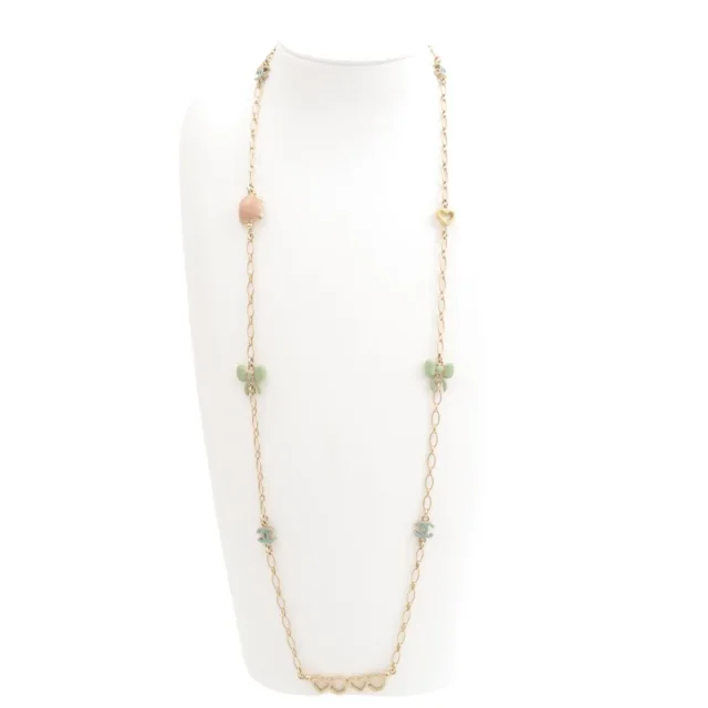 Chanel 2006 Coco Heart Ribbon Motif Necklace Gold/Multi in Gold from VINTAGE QOO TOKYO, photo 2 of 7