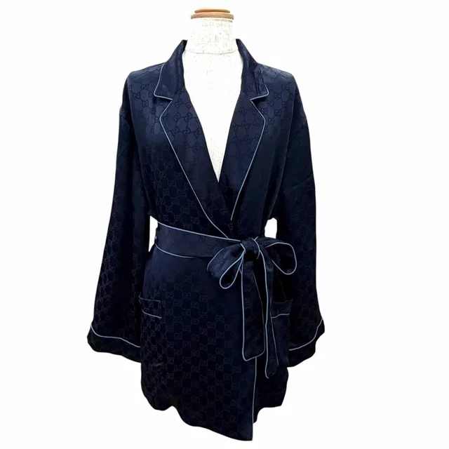 Gucci GG Pattern Belted Pajamas Nightwear Long Sleeve Shirt Navy 42 in Navy Silk from The Reluxe