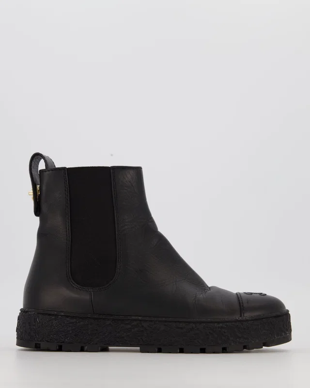 Chanel Black Leather Chelsea Platform Boots with Logo Embossing and Gold Turnlock Size EU 38C in Black Leather from Sellier