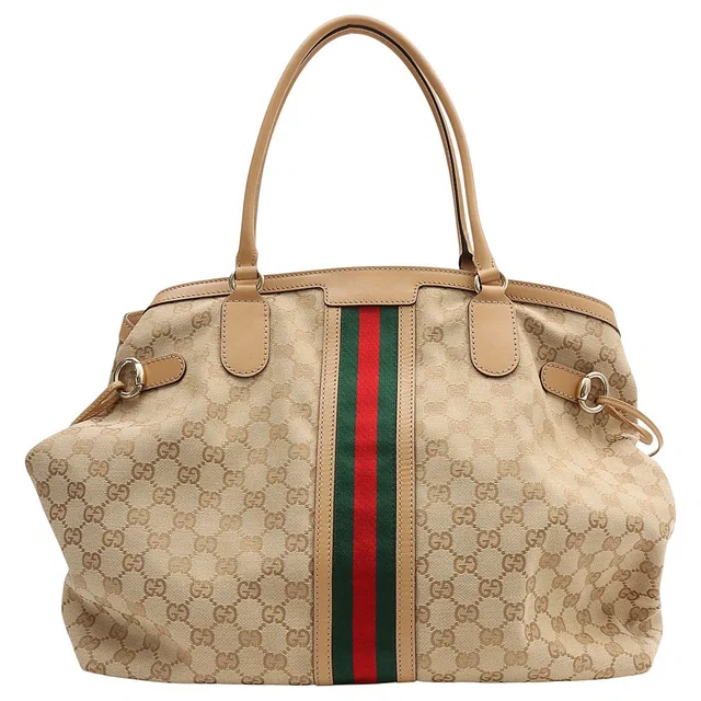 Gucci Canvas GG Pattern Sherry Line Tote Bag Beige/Green/Red in Beige Canvas from VINTAGE QOO TOKYO