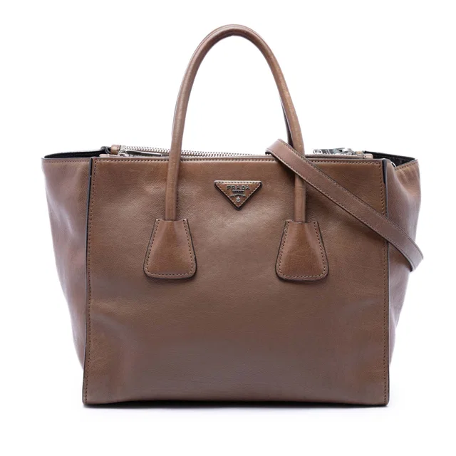 Brown Prada Glace Calf Twin Pocket Double Handle Satchel in Brown Leather from Designer Revival