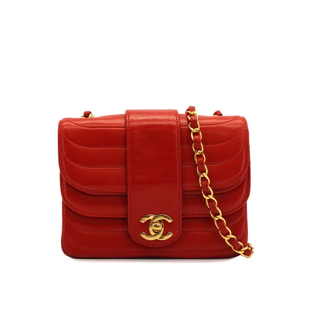 Chanel Vintage Chain Shoulder Bag Red Lamb Skin Gold Hardware in Red from Luxury Promise