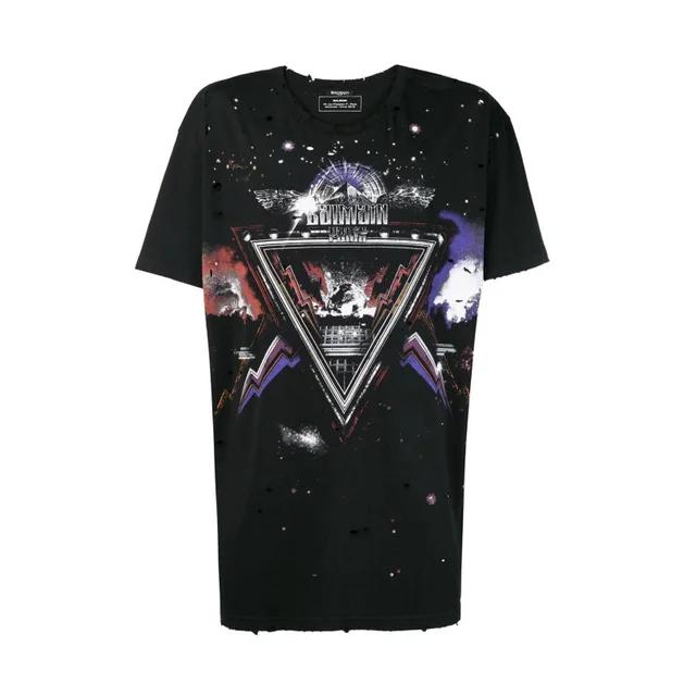 Balmain AW2018 Black Distressed Galaxy Short Sleeve T-Shirt in Black Cotton from Designer Archives