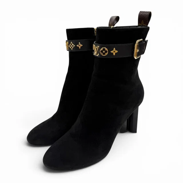 Silhouette Line Suede Leather Monogram Flower Heels LV Logo Short in Suede from The Reluxe