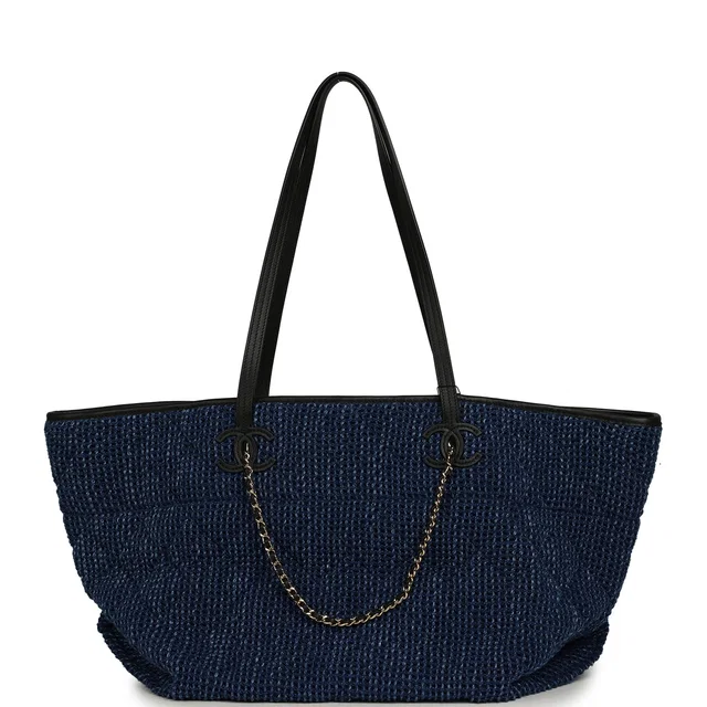 Chanel Large CC Shopping Tote Bag Dark Blue Denim, Black Calfskin Gold Hardware in Black Calfskin from Madison Avenue Couture