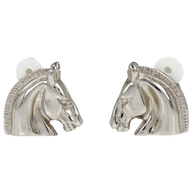 Hermès Bijouterie Fantaisie Horse Head Clip-On Earrings Silver Plated in Silver from AMORE Vintage Tokyo