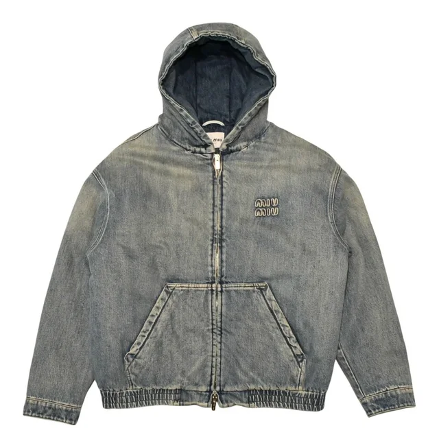 Miu Miu Bomber Hooded Jacket Denim Blue Logo Patch in Blue Denim from The Reluxe