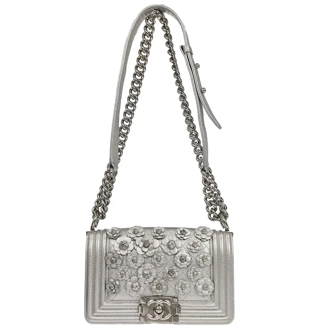 Boy Chanel 2019 Silver Lambskin Camellia Applique Small Chain Shoulder Bag in Silver Lambskin from AMORE Vintage Tokyo