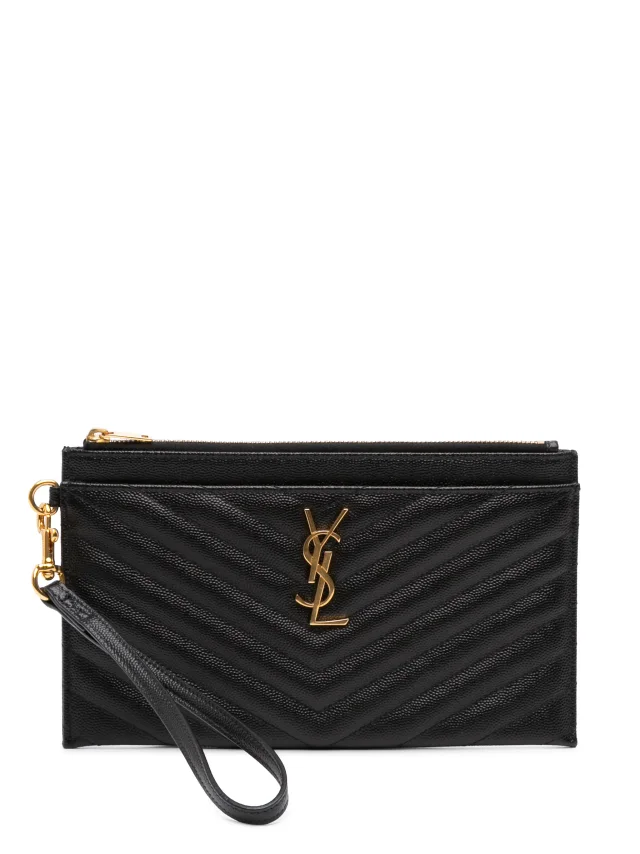Saint Laurent Pre-Owned 2019 Large Grain De Poudre Matelasse Cassandre Zip Pouch Clutch Bag | Black | FARFETCH in Black Calfskin from Farfetch