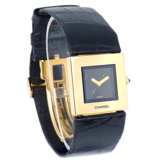 Chanel Matelasse Watch 18KYG Black Alligator in Black Crocodile from AMORE Vintage Tokyo