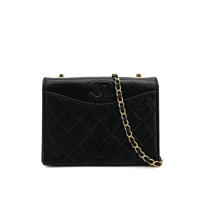 Chanel Vintage Cocomark Matelasse Chain Shoulder Bag Black Lamb Skin Gold Hardware in Black from Luxury Promise