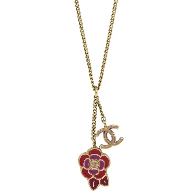 Chanel CC Chain Necklace Gold Camellia 05P in Gold from AMORE Vintage Tokyo